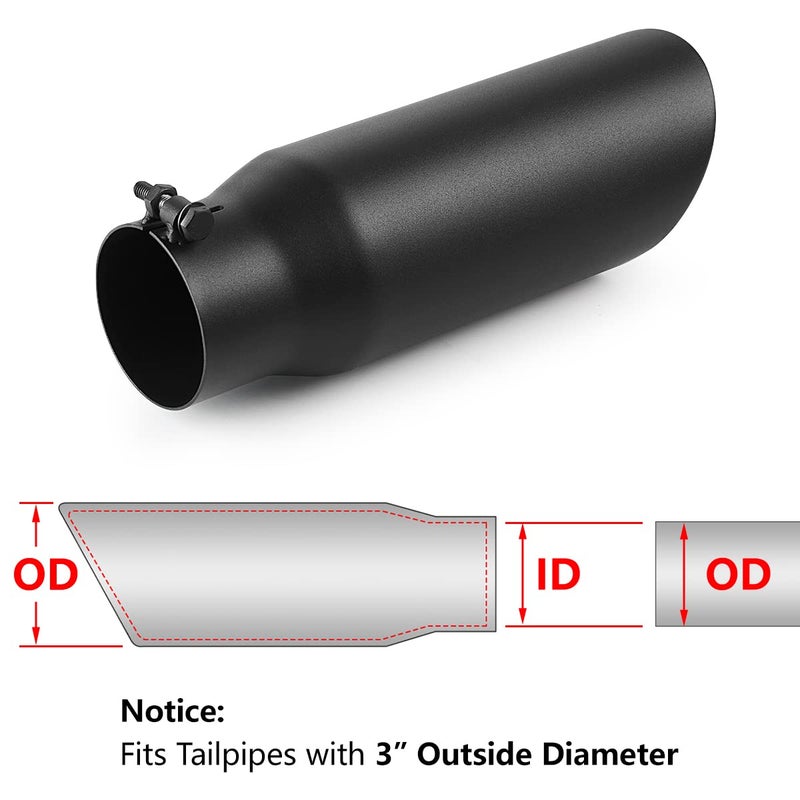 A-KARCK Exhaust Tip 3 Inch Inlet, 3" Inlet 4" Outlet 12" Long Black Coated Finish Muffler Tip For Truck Tailpipe, Stainless Steel Rolled Edge - Image 5